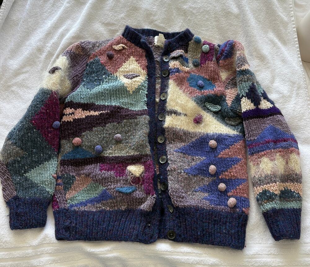 VTG 80s Wool Blend 3D Knit Cardigan Size XS Dopamine Cozy Warm & Wonderful FLAW